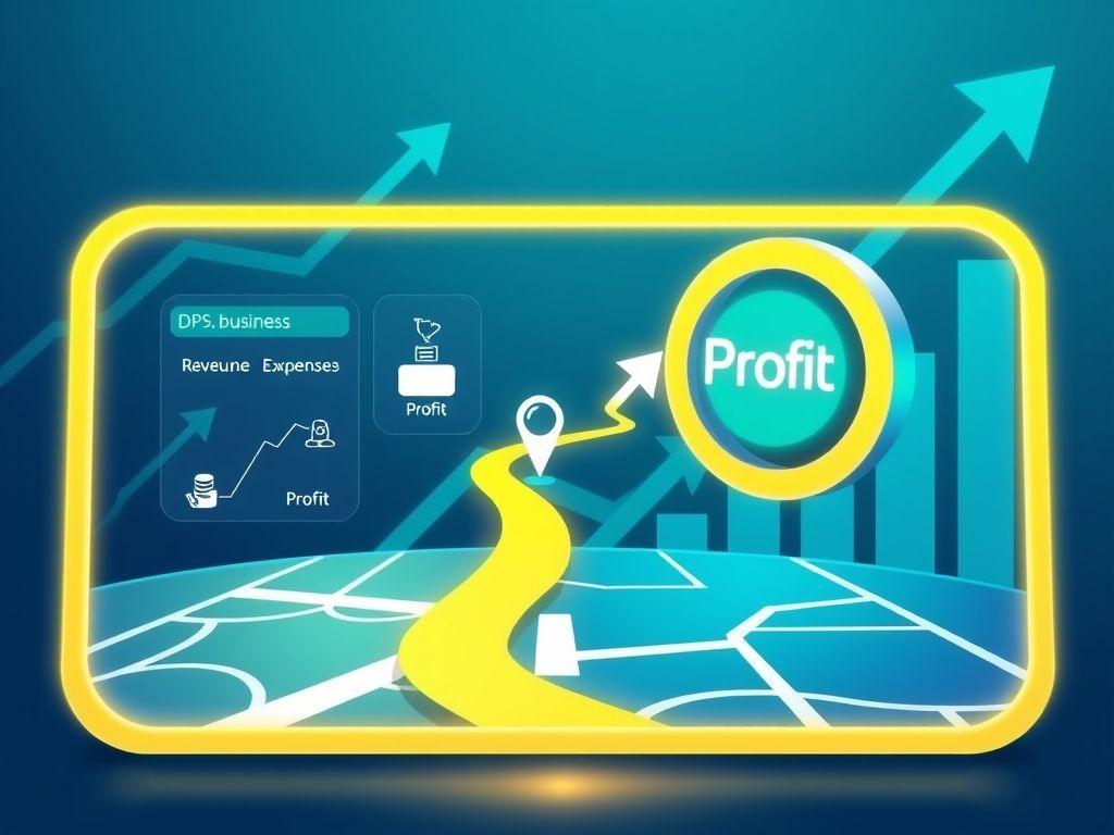 Um GPS financeiro guiando um ícone de pequena empresa em direção a um alvo rotulado 'Lucro'.