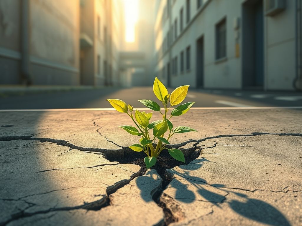 Uma planta crescendo através de rachaduras no concreto, simbolizando resiliência e superação de obstáculos.