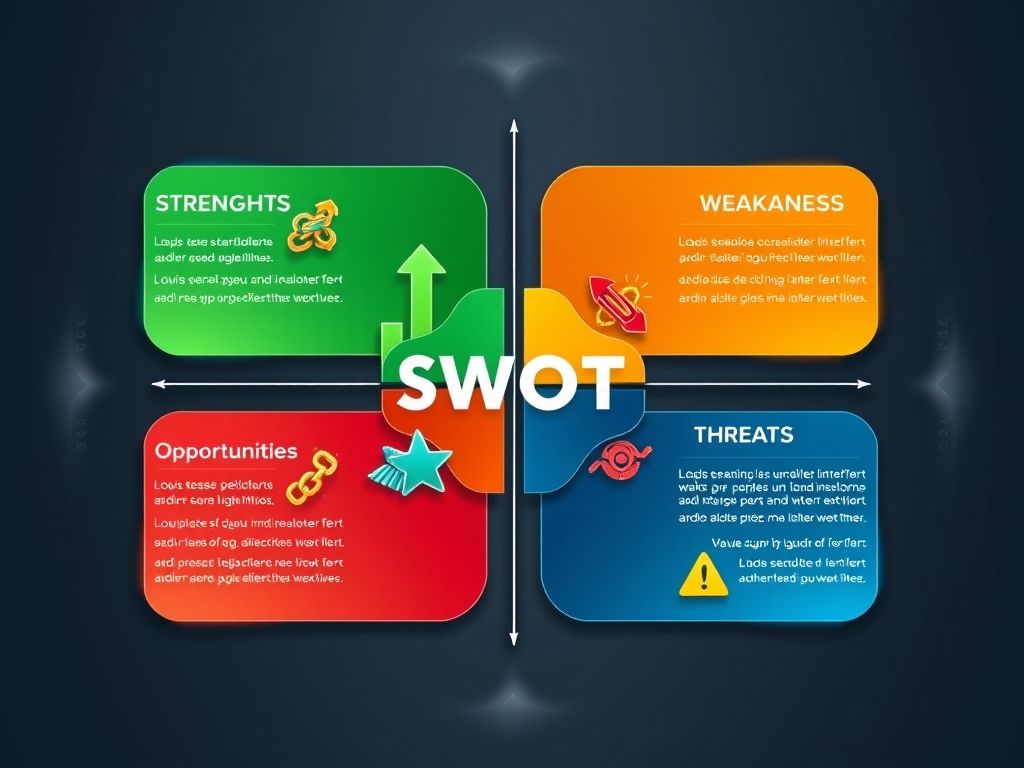 Representação visual da Matriz SWOT, mostrando os pontos fortes, fracos, oportunidades e ameaças.