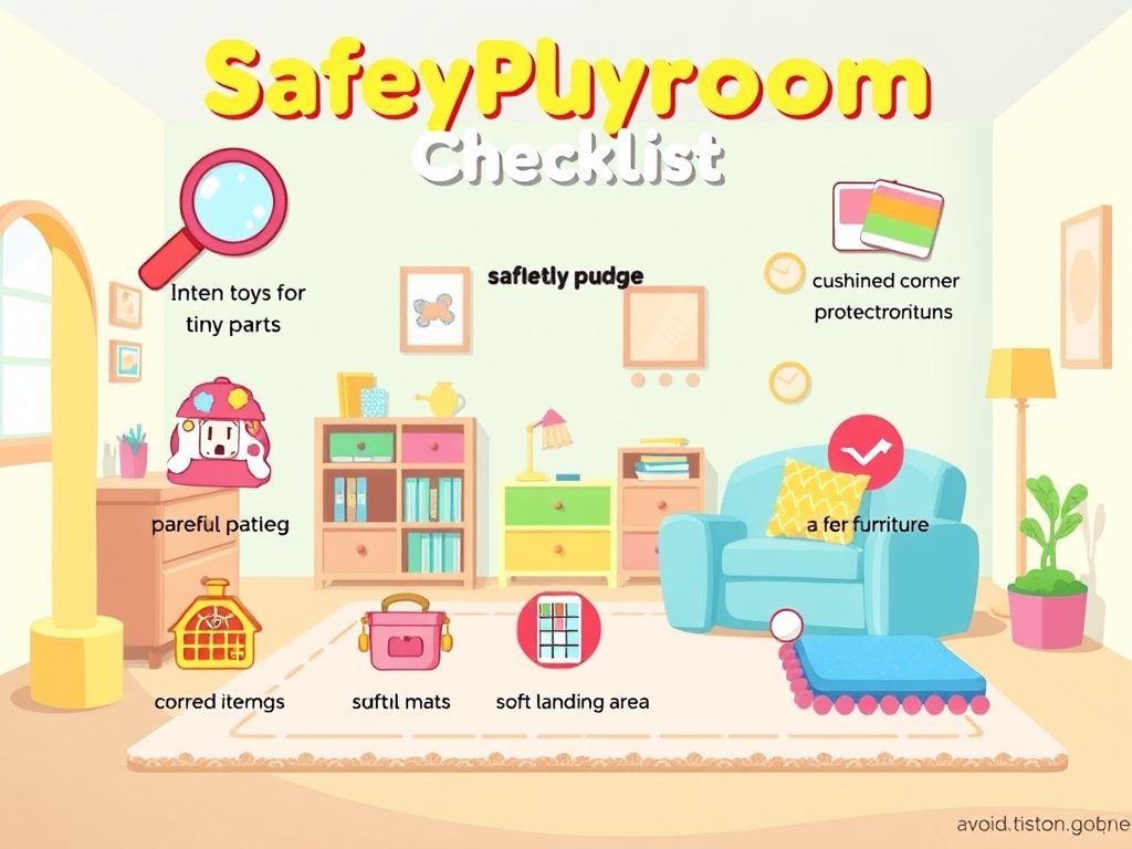 Checklist de segurança para brinquedoteca com ícones, incluindo verificação de peças pequenas, proteção de tomadas e uso de tapetes antiderrapantes.