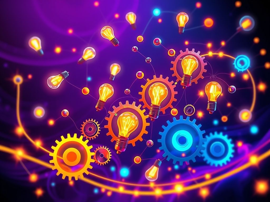 Imagem abstrata representando a geração de ideias, com lâmpadas, engrenagens e nós interconectados.