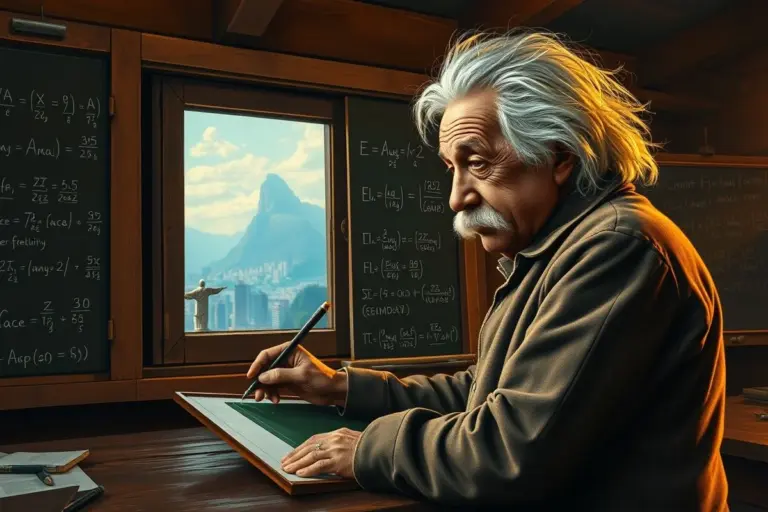 Albert Einstein escrevendo equações, representando a teoria da relatividade.