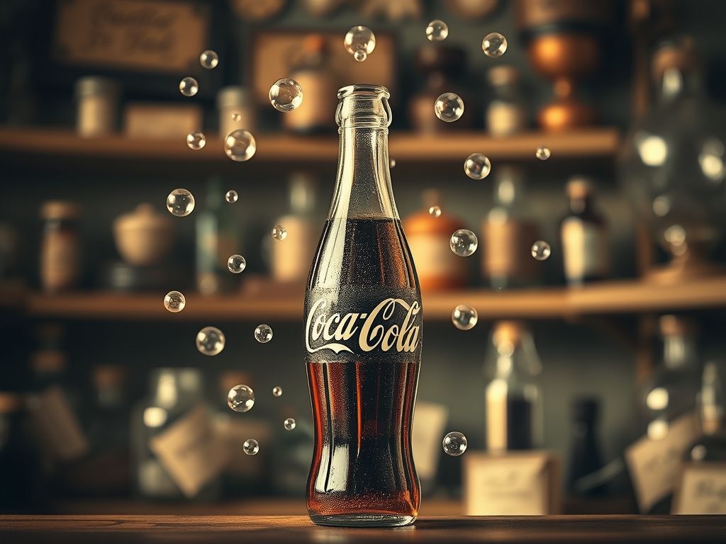 Representação artística de uma garrafa antiga de Coca-Cola, evocando a história de sua descoberta acidental.