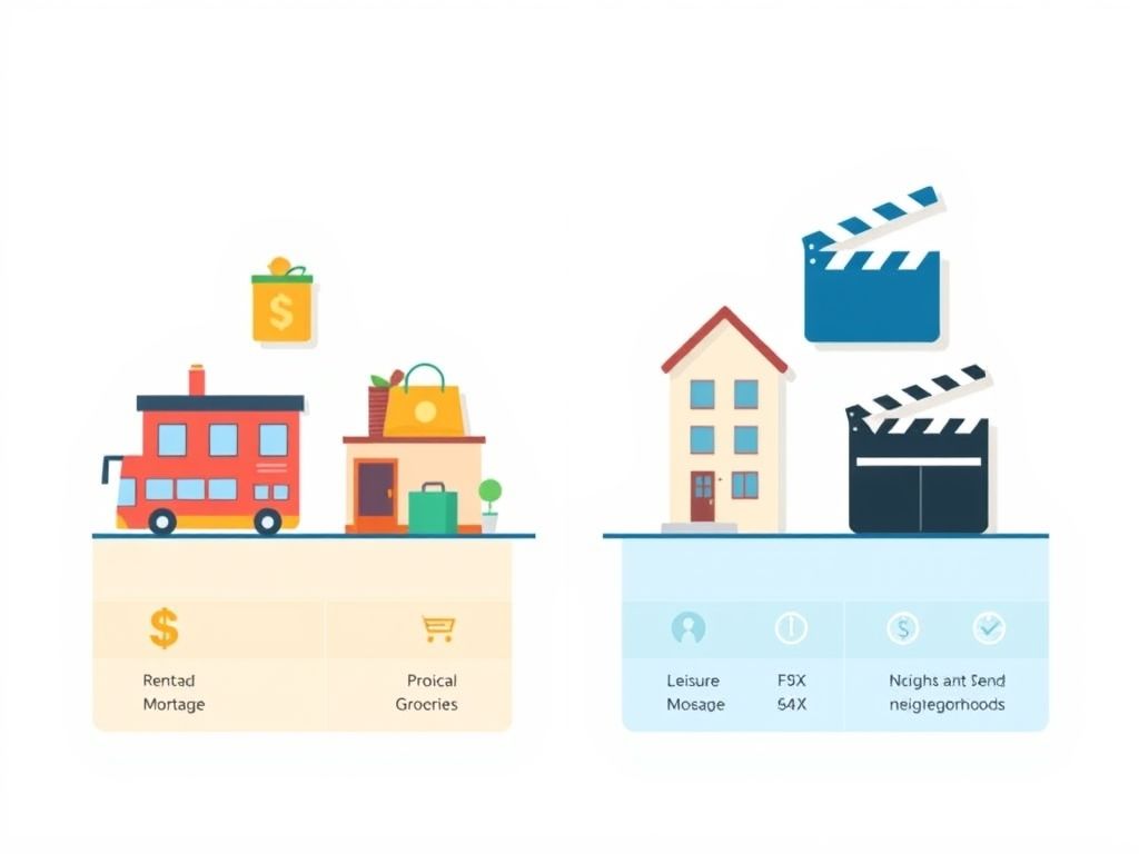 Infográfico comparando os custos de vida em dois bairros diferentes, mostrando as despesas com moradia, transporte, alimentação e lazer, e o impacto financeiro da localização.