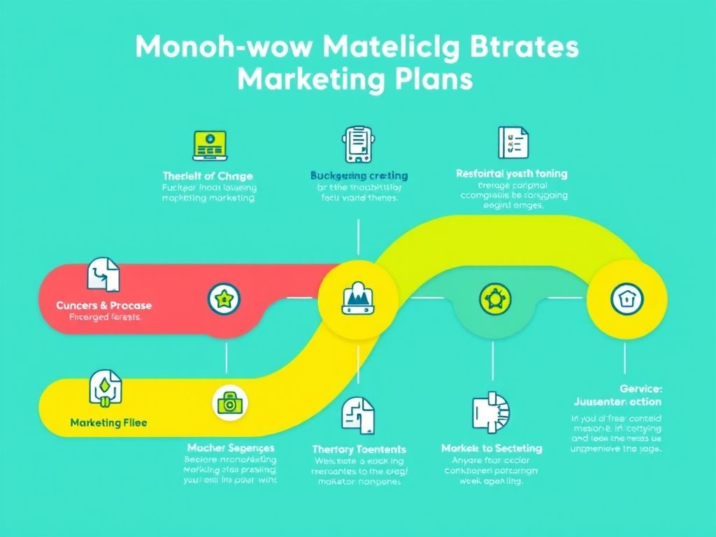 Infográfico mostrando os 7 passos para criar um plano de marketing eficiente, com ícones e descrições claras.