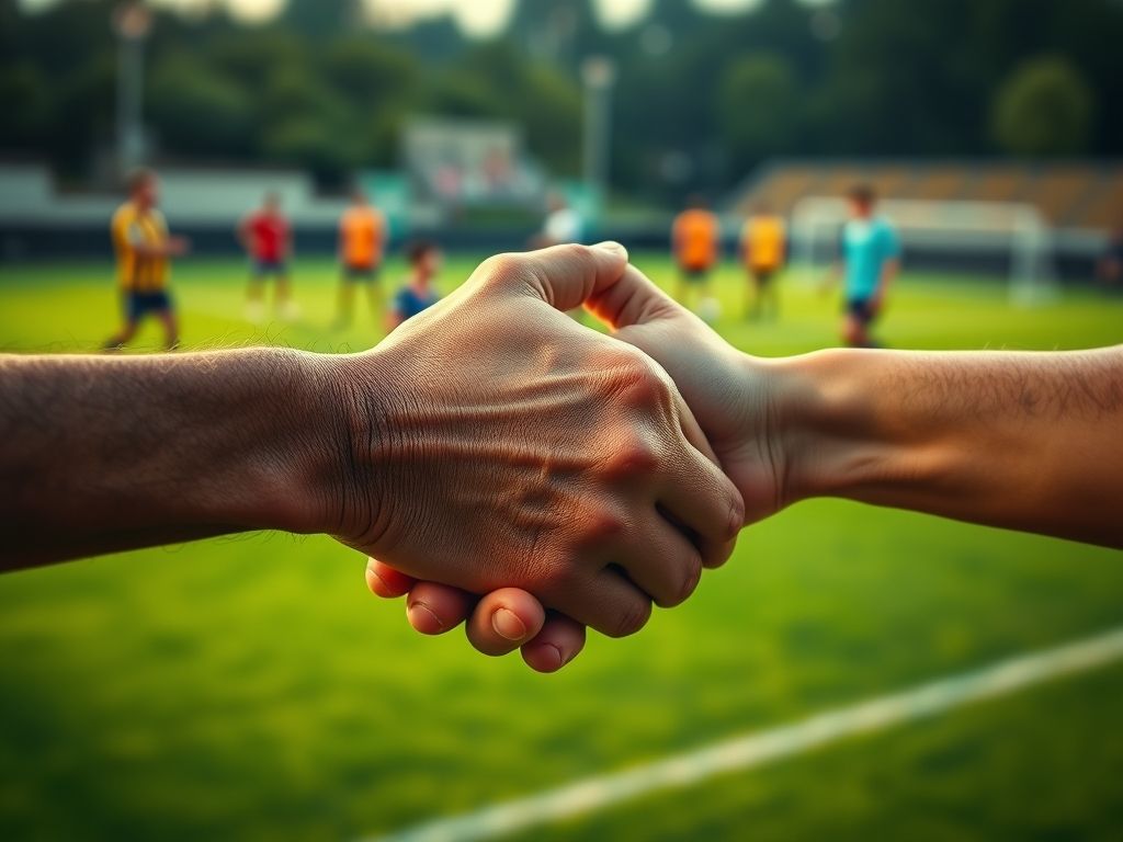 Mãos unidas em sinal de confiança em um campo de futebol.