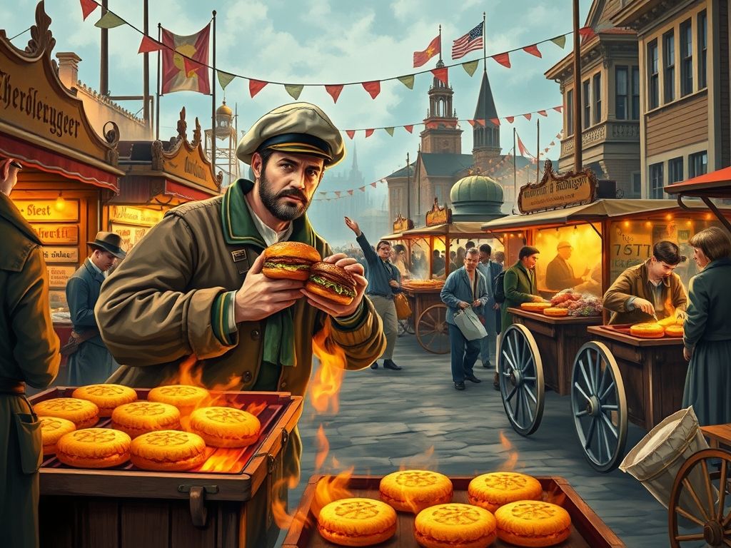 Ilustração mostrando figuras e elementos históricos que contribuíram para a invenção do hambúrguer.