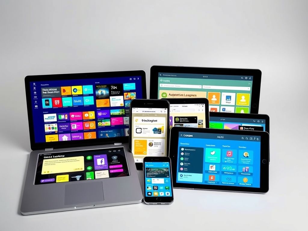 Capturas de tela de diversas plataformas de aprendizagem adaptativa, como Khan Academy, Duolingo, Coursera e ALEKS, em diferentes dispositivos.