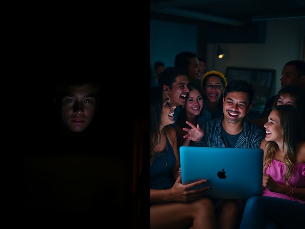 Imagem dividida mostrando o contraste entre o isolamento causado pelo uso excessivo da tecnologia e a alegria da interação social presencial.