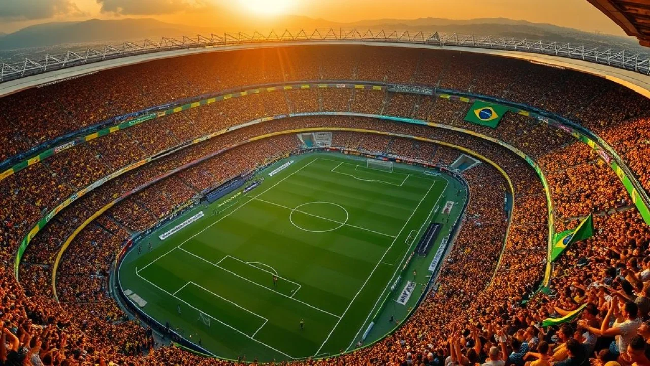 Aerial view of a vibrant Brazilian soccer stadium packed with passionate fans cheering during a Estádio de futebol brasileiro lotado, torcedores vibrantes.