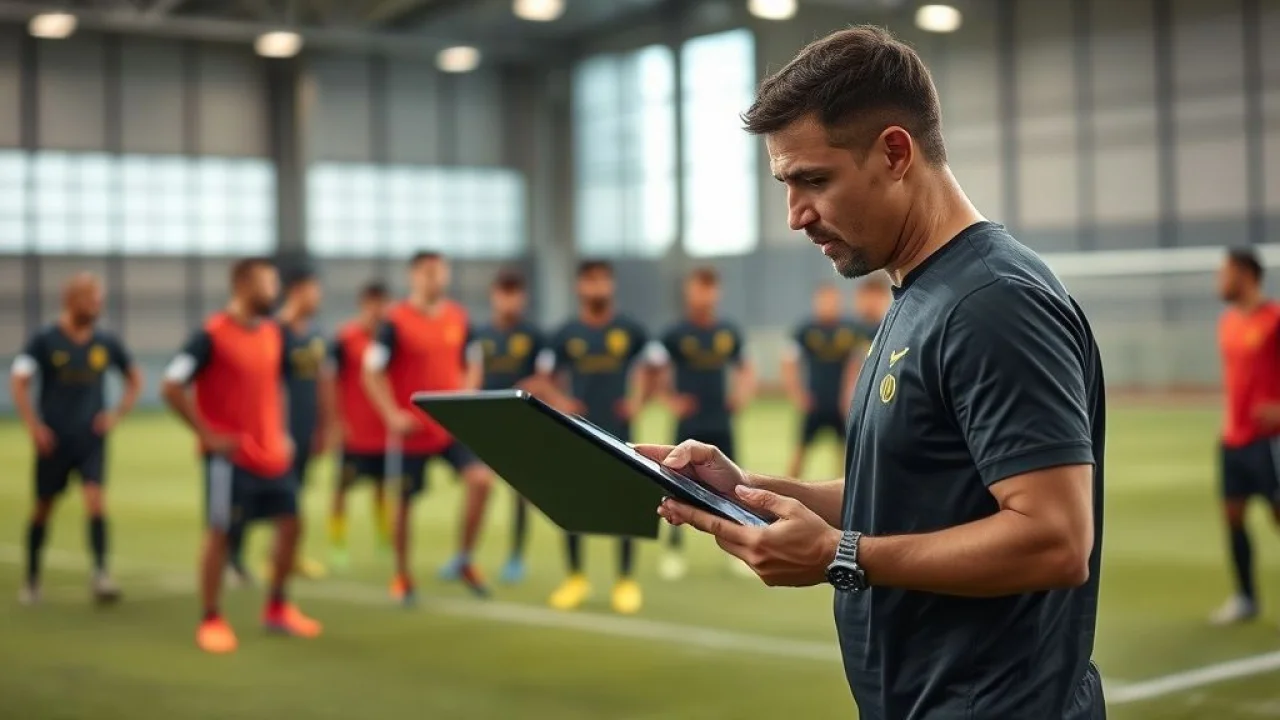 Brazilian football coach using a tablet to analyze player performance data on the field during Técnico de futebol brasileiro analisa dados em tablet.