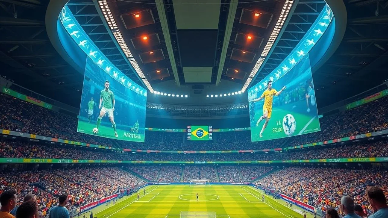 Futuristic Brazilian football stadium with holographic projections of players and game data, Estádio futurista com hologramas de jogadores.