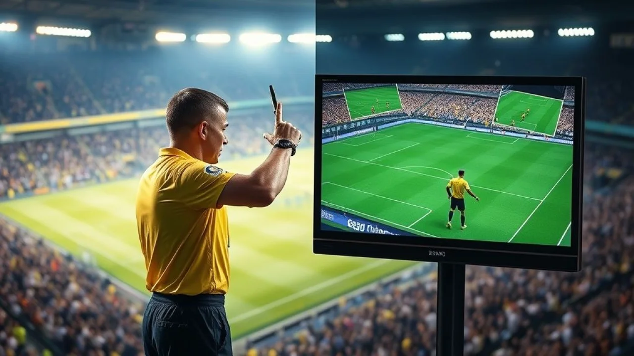 Split image showing a traditional referee making a call on one side and the VAR monitor being Árbitro de futebol e tela do VAR em análise.