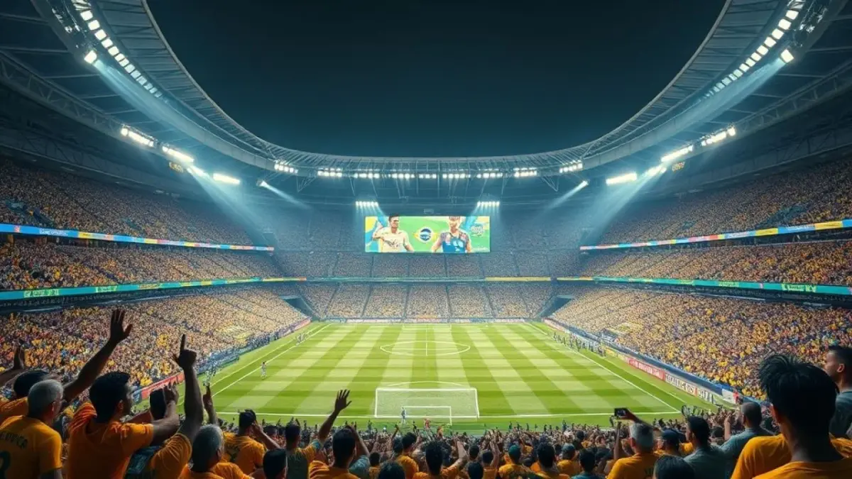 Estádio de futebol brasileiro com torcedores vibrantes e displays de tecnologia moderna.