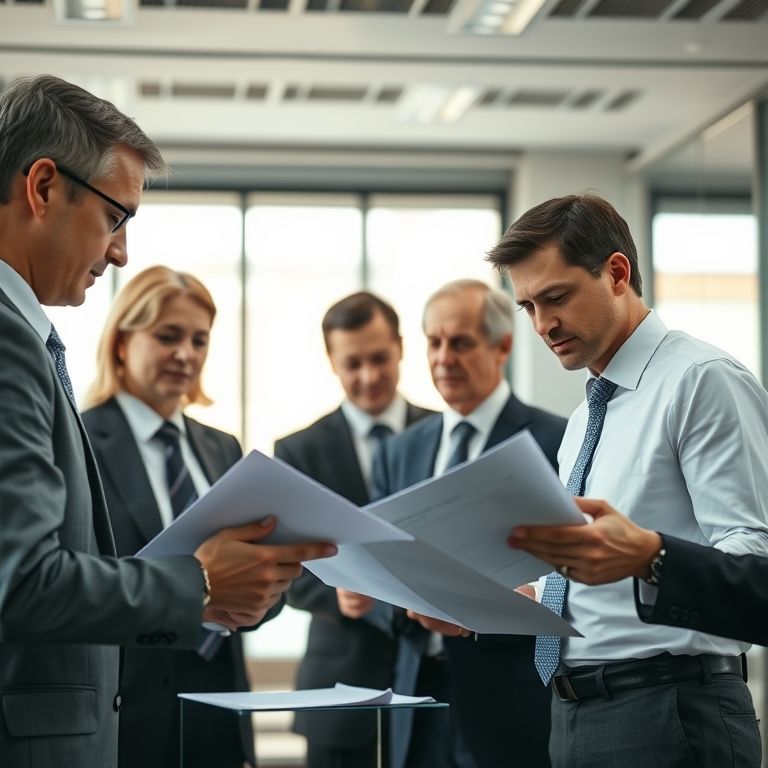 Advogados e consultores financeiros revisando documentos para IPO.