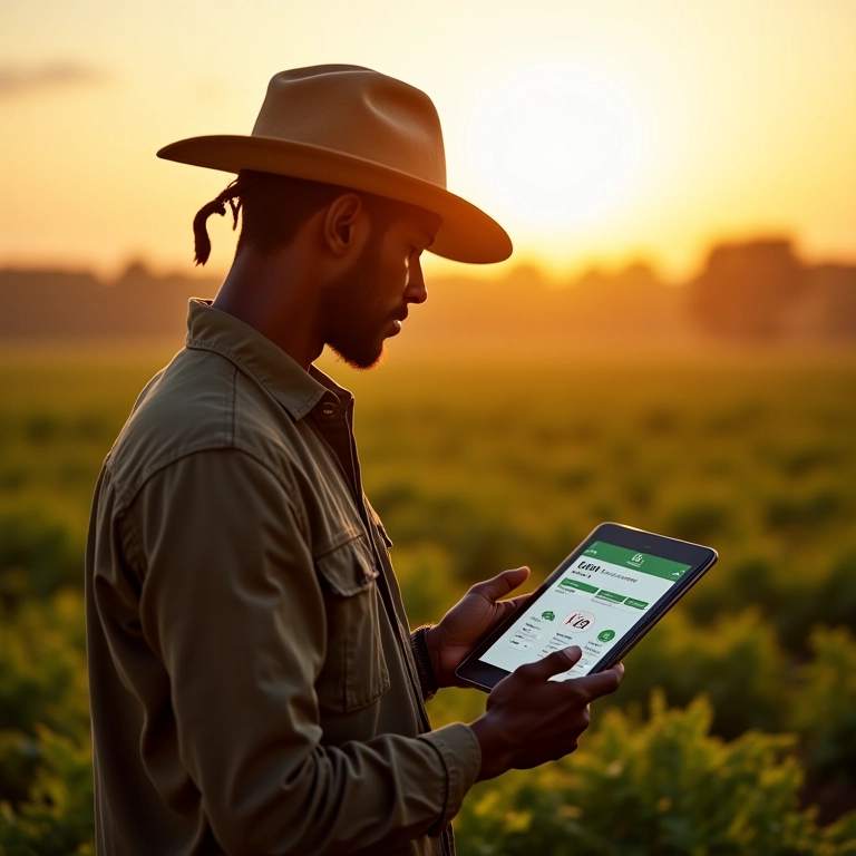 Agricultor brasileiro utilizando Drex para transações de venda de colheita.