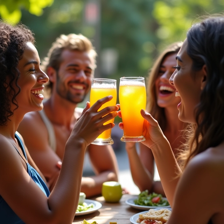 Amigos brindando e celebrando conquistas em café ao ar livre no Brasil.
