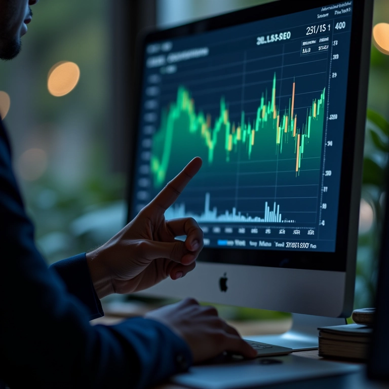 Analista usando indicadores fundamentalistas (P/L, ROE) para avaliar uma empresa.