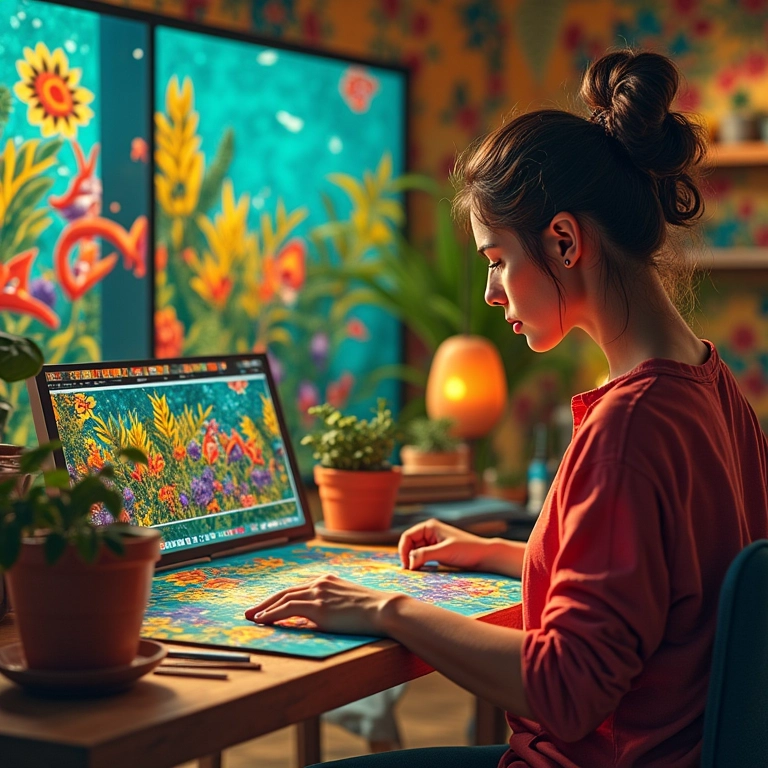 Artista criando arte digital e transformando em NFT em plataforma blockchain.