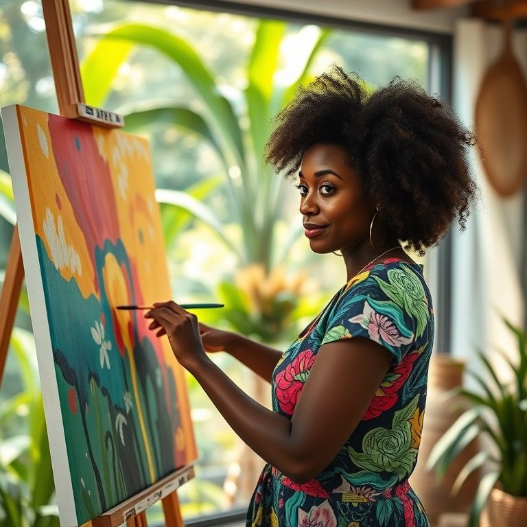 Artista pinta tela abstrata colorida em estúdio iluminado com vista para a natureza.