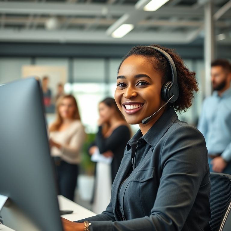 Atendente brasileira sorrindo auxilia cliente ao telefone em escritório moderno.