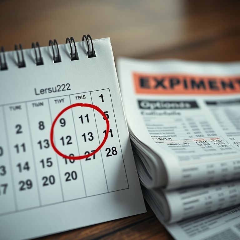Calendário marcando data de vencimento ao lado de jornal financeiro com cotações de opções.