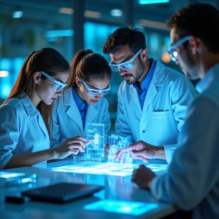 Cientistas colaborando em laboratório analisando dados com interfaces holográficas.
