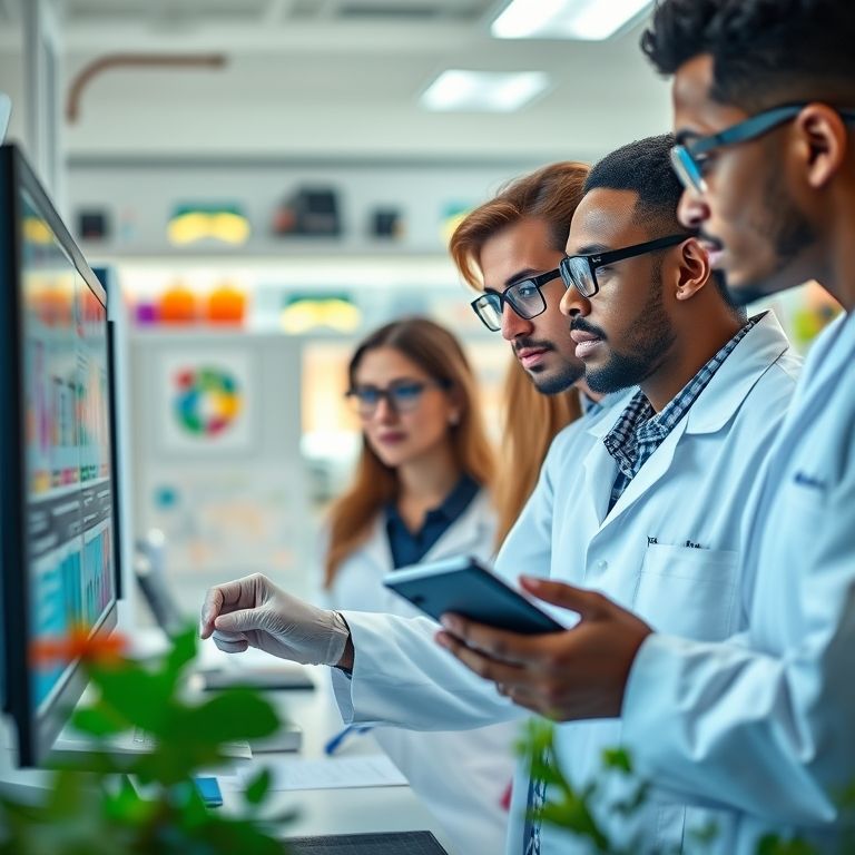 Cientistas utilizando IA para analisar dados genômicos e descobrir novos medicamentos.