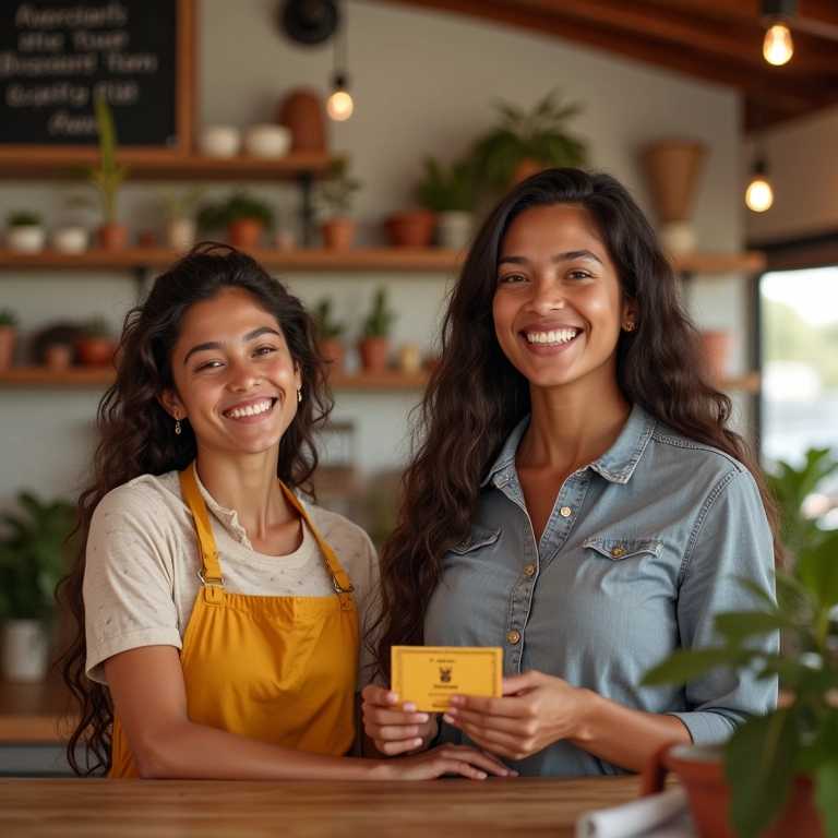 Clientes felizes recebendo recompensas de programa de fidelidade em loja com estilo Farm Rio.