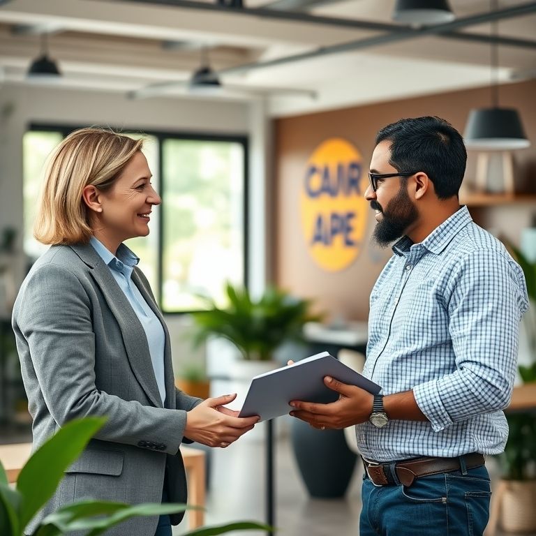 Consultor explicando o processo de onboarding para um empreendedor em um escritório moderno.