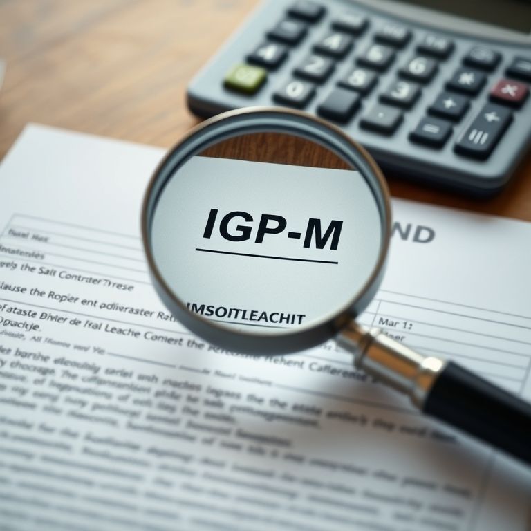 Contrato de aluguel com lupa destacando a cláusula do IGP-M.