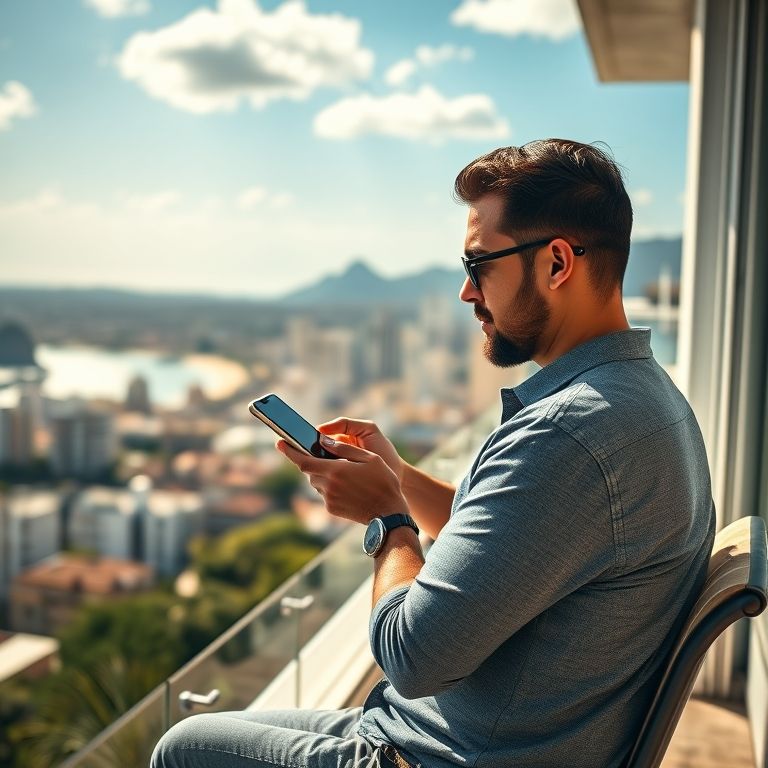 Day trader utilizando app móvel em varanda com vista para o Rio.