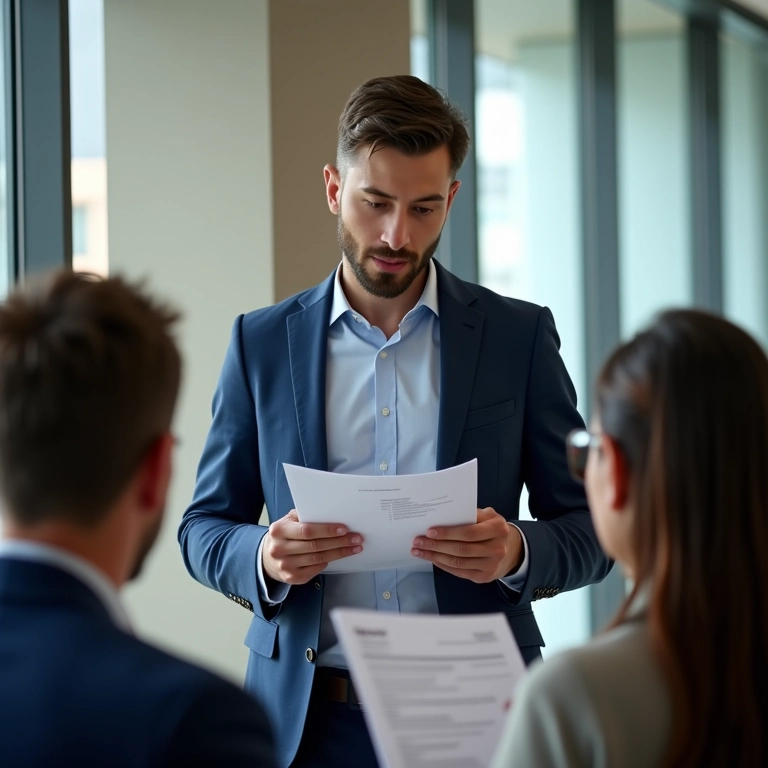 Empreendedor apresentando um plano de negócios para investidores, representando a preparação para rodadas de investimento.