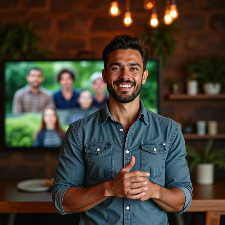Empreendedor brasileiro carismático conduzindo um webinar.