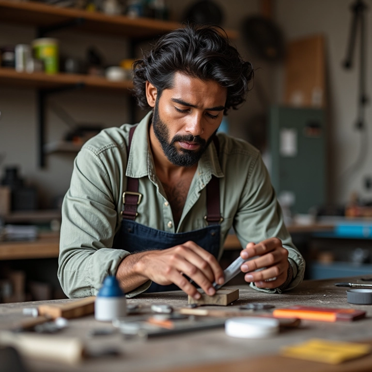 Empreendedor brasileiro prototipando em oficina, focado em experimentação.