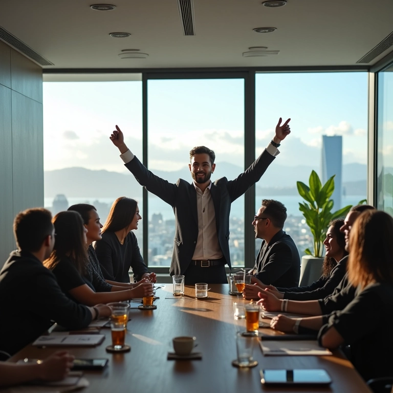 Empreendedor comemorando o Lucro Líquido com sua equipe em escritório com vista para o Rio de Janeiro.