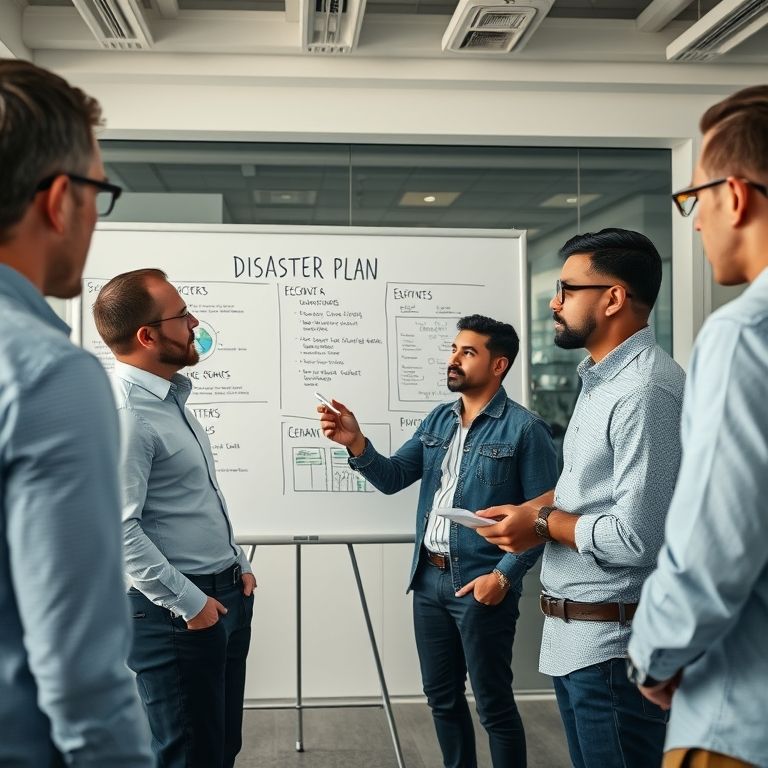 Empreendedor e equipe revisando plano de desastre, visualizando o pior cenário para se preparar.