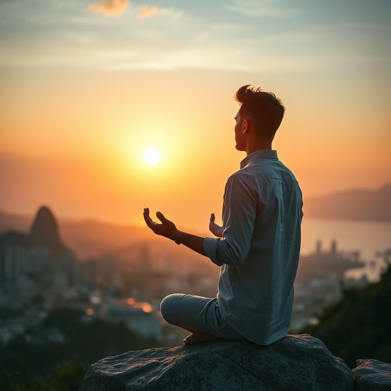 Empreendedor meditando ao nascer do sol no Rio de Janeiro, focado no que pode controlar.