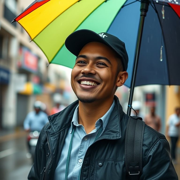 Empreendedor sorrindo na chuva em rua brasileira, aceitando o que não pode controlar.