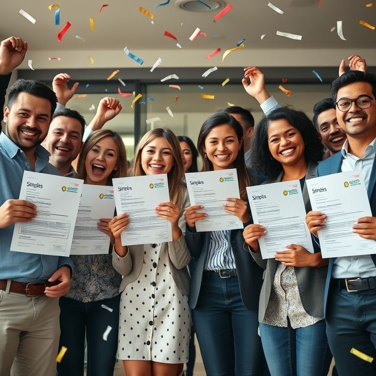 Empreendedores comemorando sucesso com documentos do Simples Nacional.