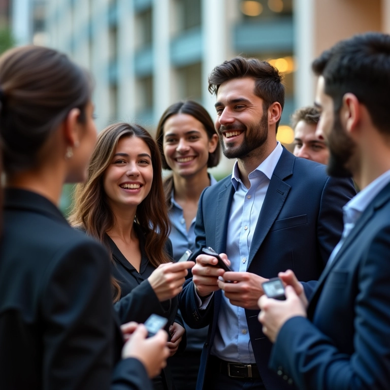 Empreendedores diversos trocando cartões de visita em um evento de networking, representando conexões estratégicas.