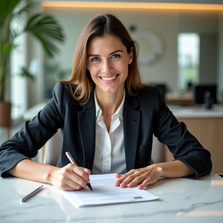 Empresária assinando documentos legais em mesa com decoração brasileira, representando mudança na natureza jurídica da empresa.