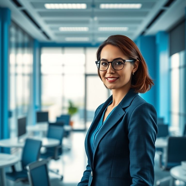 Empresária em escritório moderno com tons de azul, transmitindo confiança e segurança.