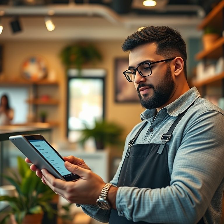 Empresário contatando proativamente um cliente em um tablet com mensagem personalizada.