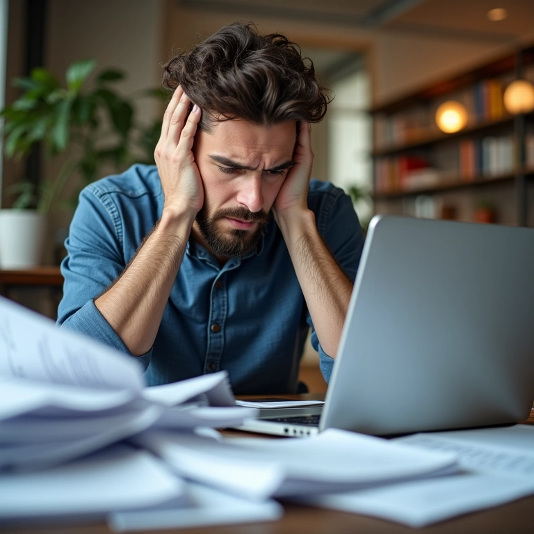 Empresário preocupado calculando faturamento no laptop, com papéis espalhados.