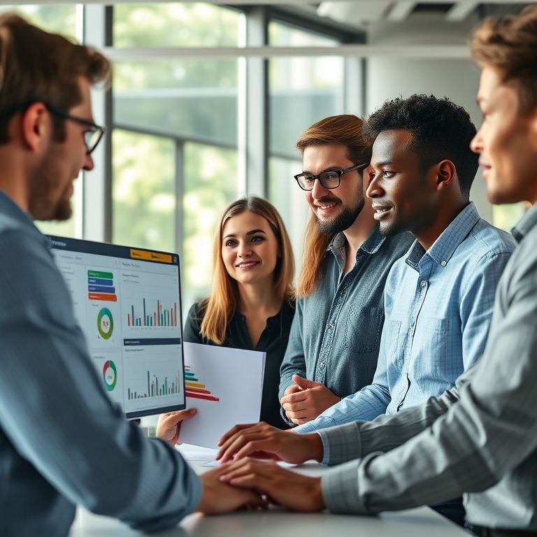 Equipe analisando dados de satisfação do cliente em dashboards, ambiente colaborativo.