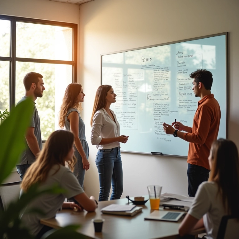 Equipe colaborando em escritório com metas transparentes.