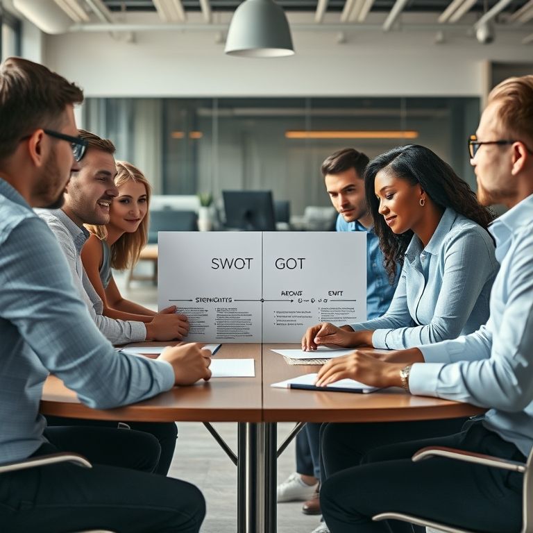 Equipe colaborando na identificação de pontos fortes em análise SWOT.