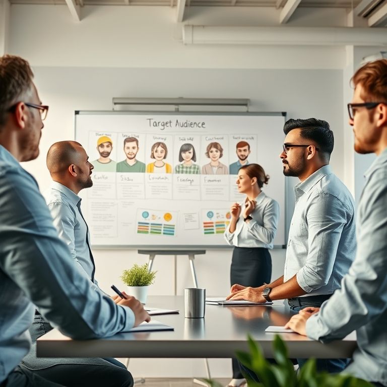 Equipe de negócios define o público-alvo em escritório com estilo brasileiro.