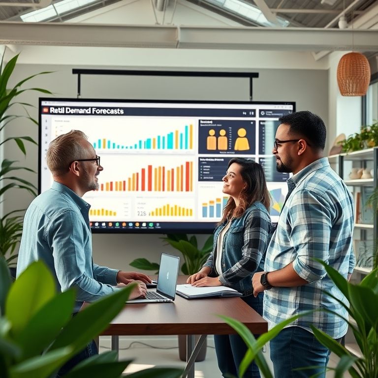 Equipe diversa analisando dados de varejo para previsão de demanda em escritório vibrante.